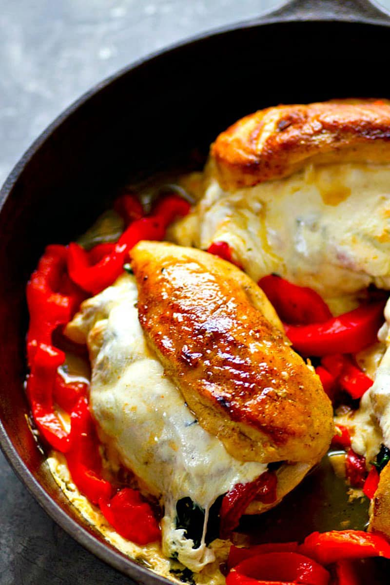 Roasted Red Pepper, Spinach and Mozzarella Stuffed Chicken